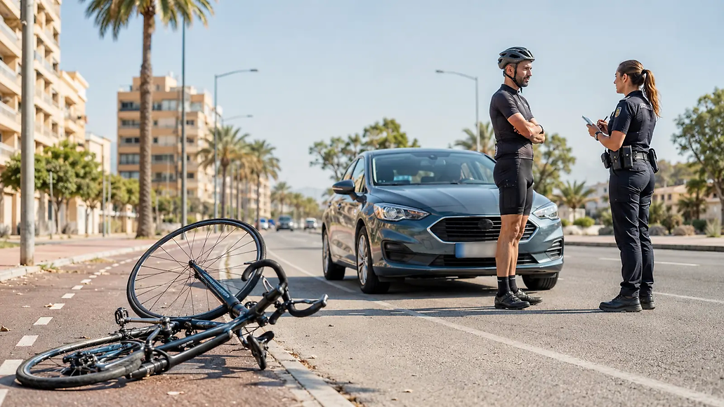 Ciclista junto a una bicicleta dañada tras un accidente con un coche en Alicante.