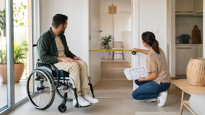 Persona con lesión medular revisando la adaptación de su vivienda con una profesional.
